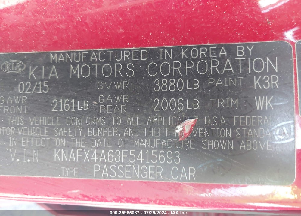 2015 KIA FORTE VIN: KNAFX4A63F5415693