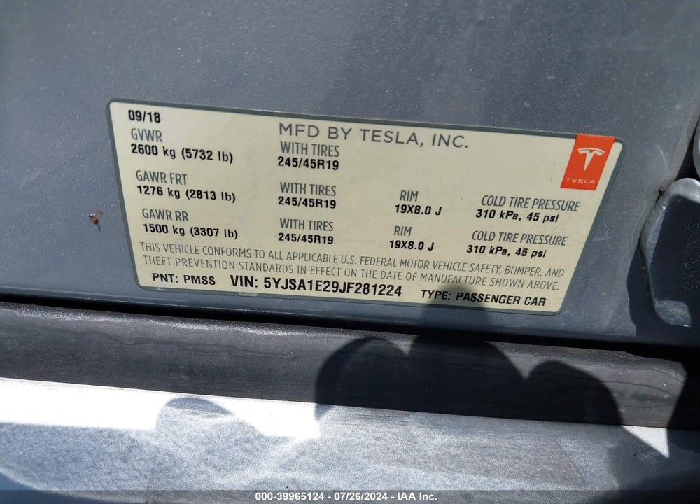 2018 TESLA MODEL S 100D/75D/P100D VIN: 5YJSA1E29JF281224