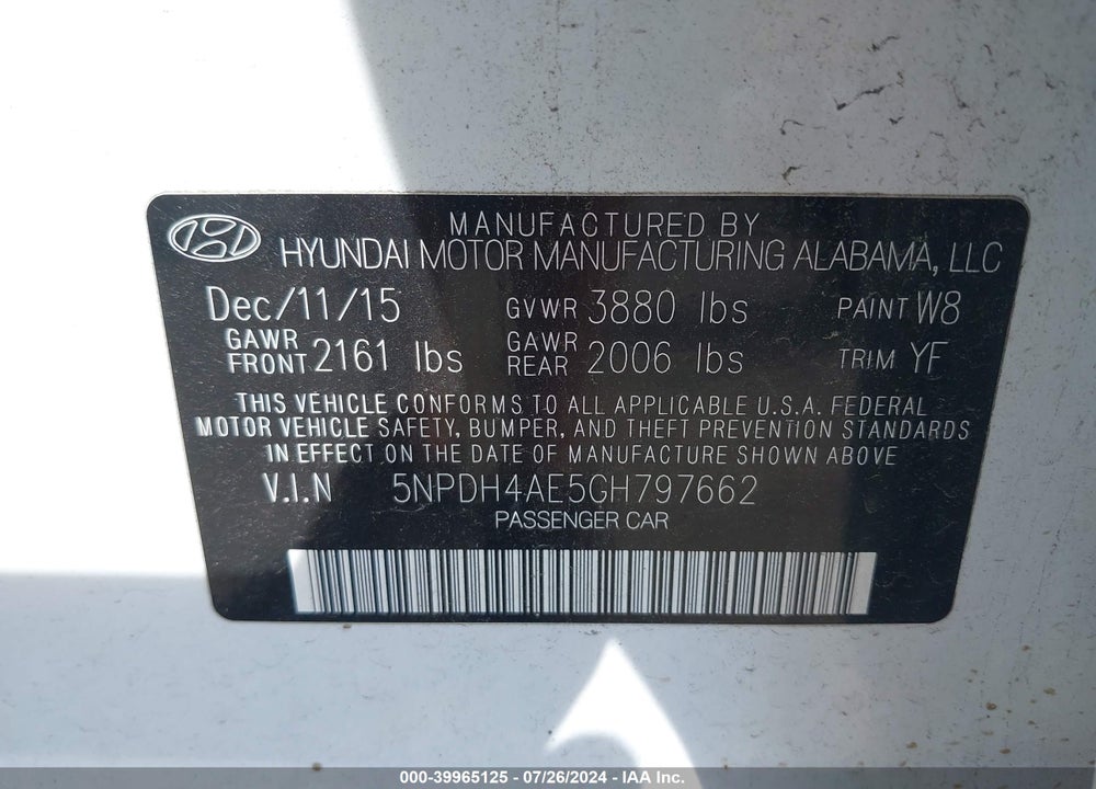 2016 HYUNDAI ELANTRA SE VIN: 5NPDH4AE5GH797662