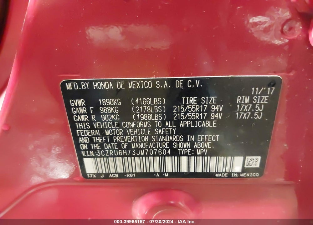 2018 HONDA HR-V EX-L VIN: 3CZRU6H73JM707604