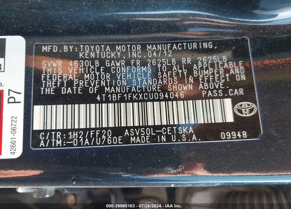 2012 TOYOTA CAMRY SE VIN: 4T1BF1FKXCU094046
