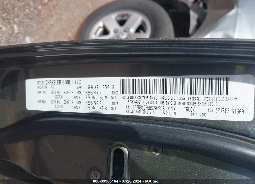 2011 RAM 1500 SLT VIN: 1D7RB1GP6BS702816