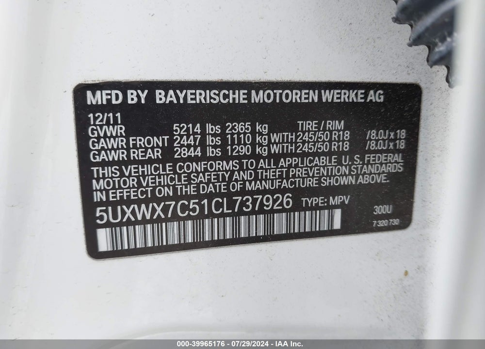 2012 BMW X3 XDRIVE35I VIN: 5UXWX7C51CL737926