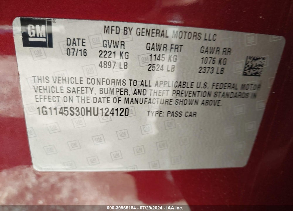 2017 CHEVROLET IMPALA 2LZ VIN: 1G1145S30HU124120