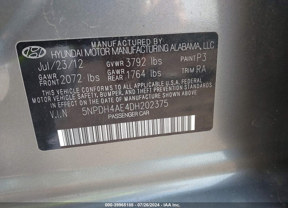 2013 HYUNDAI ELANTRA LIMITED VIN: 5NPDH4AE4DH202375