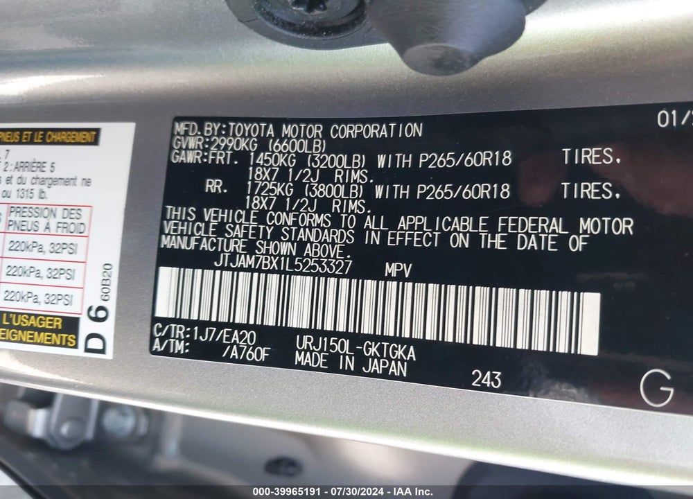 2020 LEXUS 460 PREMIUM VIN: JTJAM7BX1L5253327