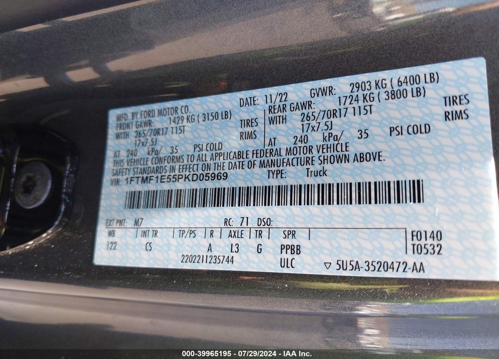 2023 FORD F-150 XL VIN: 1FTMF1E55PKD05969
