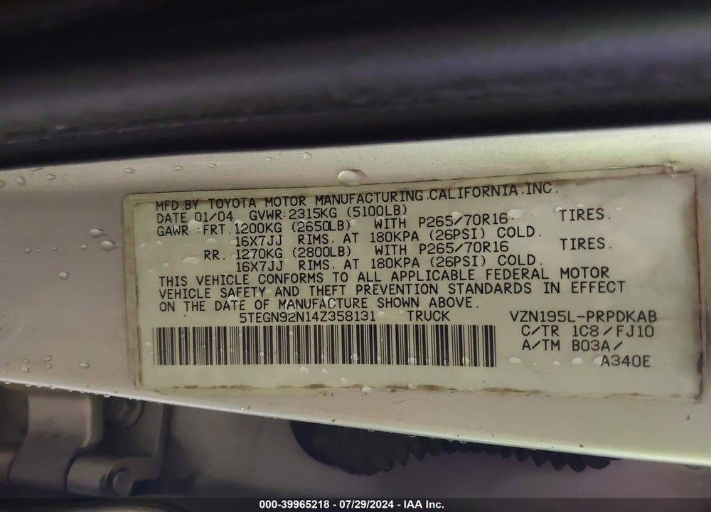 2004 TOYOTA TACOMA PRERUNNER V6 VIN: 5TEGN92N14Z358131