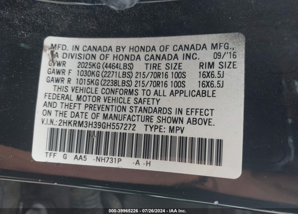 2016 HONDA CR-V LX VIN: 2HKRM3H39GH557272