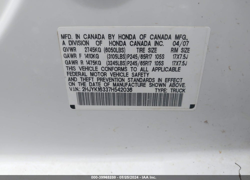 2007 HONDA RIDGELINE RTX VIN: 2HJYK16337H542036