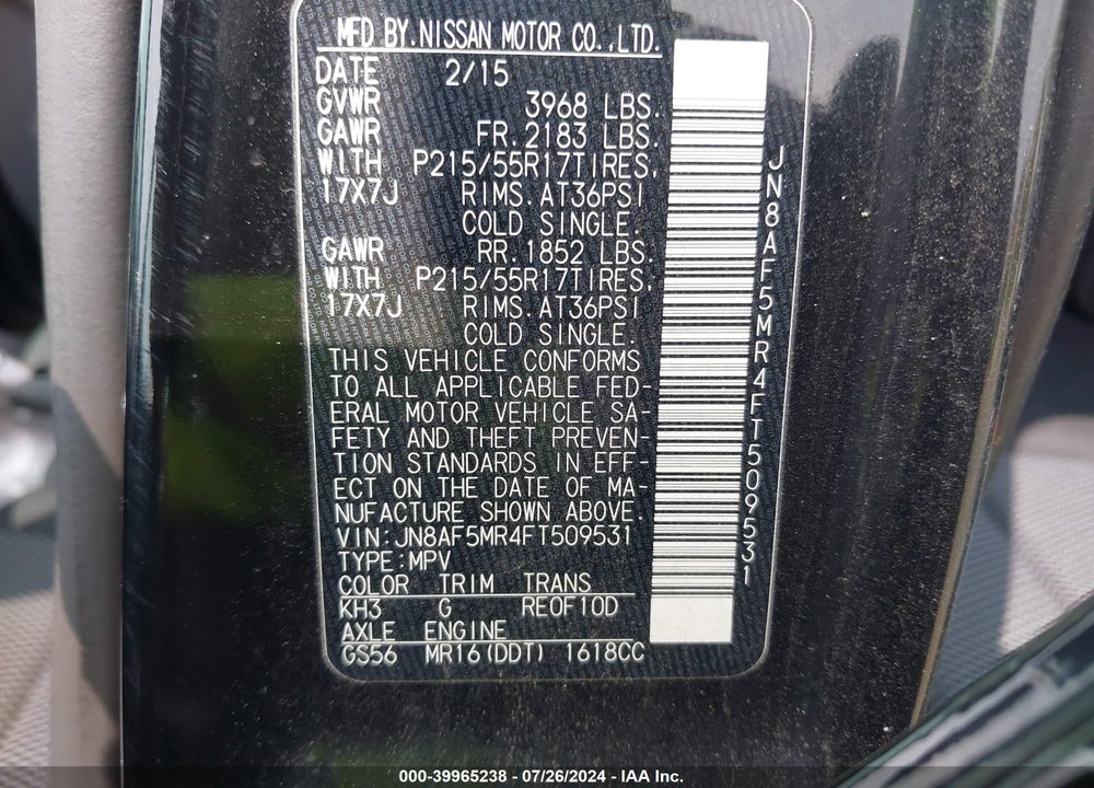 2015 NISSAN JUKE S VIN: JN8AF5MR4FT509531