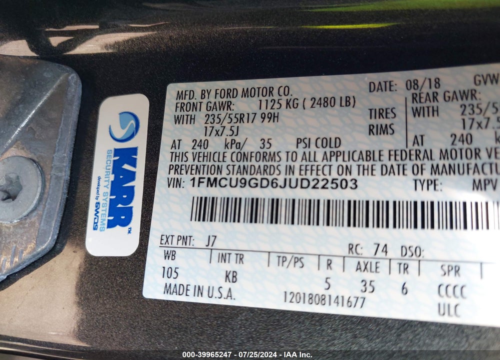 2018 FORD ESCAPE SE VIN: 1FMCU9GD6JUD22503