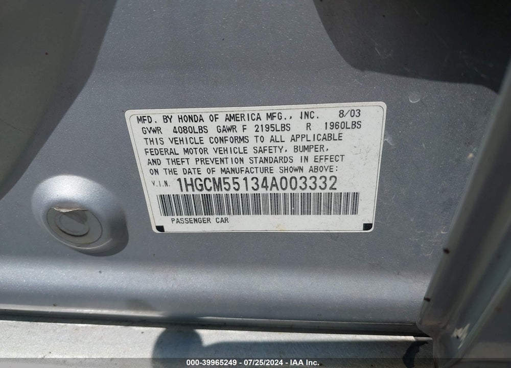 2004 HONDA ACCORD 2.4 DX VIN: 1HGCM55134A003332