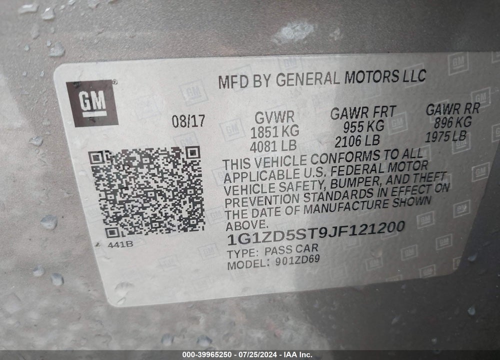 2018 CHEVROLET MALIBU LT VIN: 1G1ZD5ST9JF121200