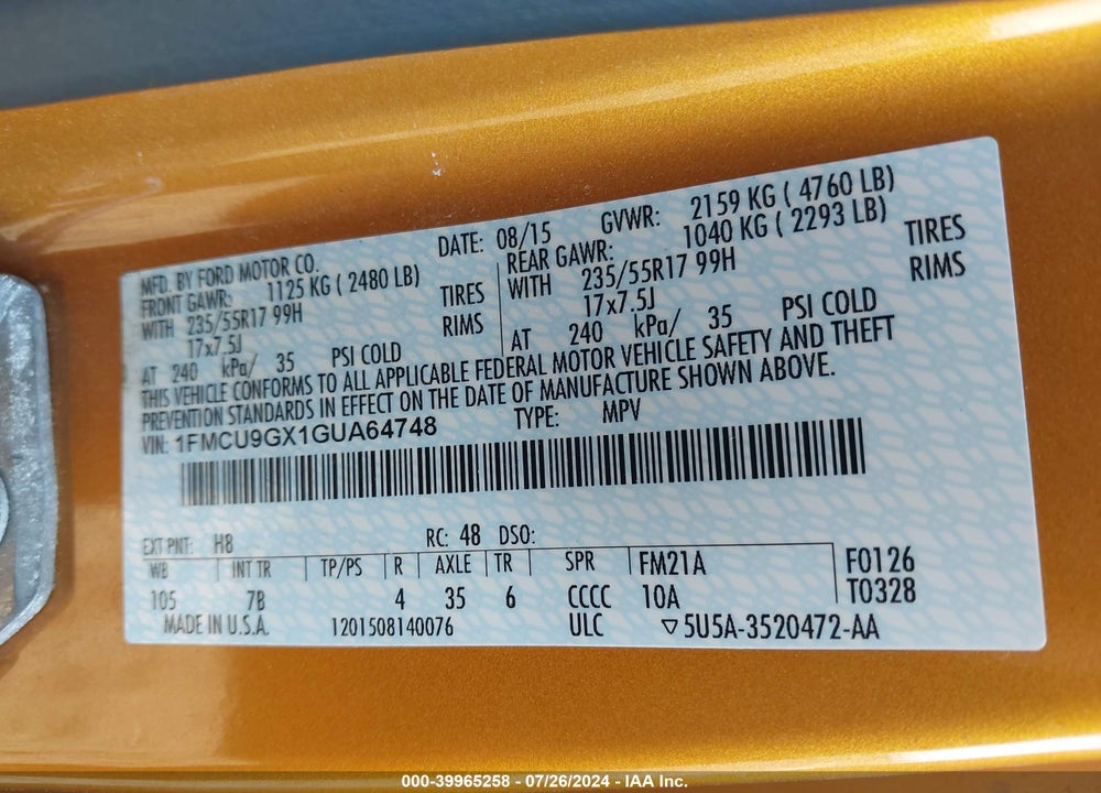 2016 FORD ESCAPE SE VIN: 1FMCU9GX1GUA64748