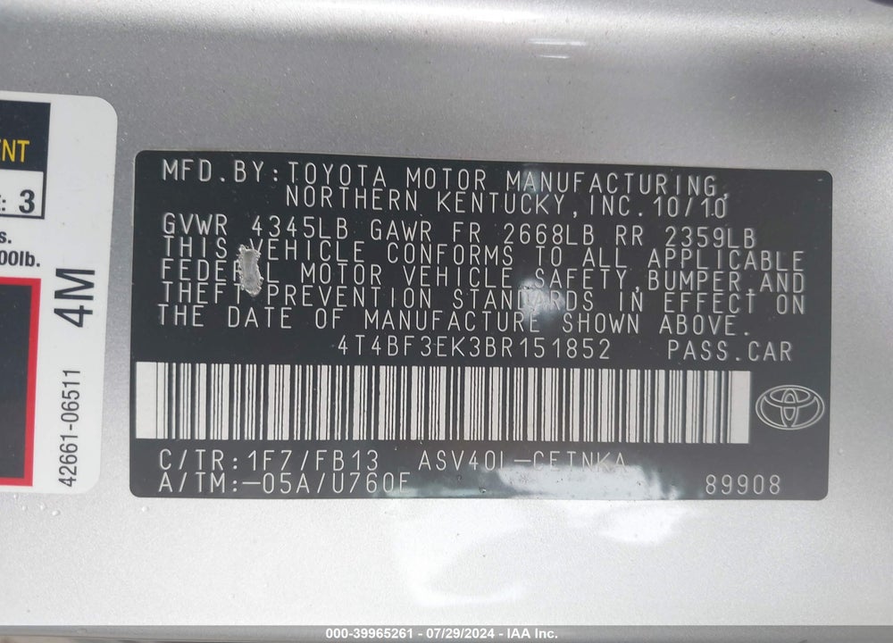 2011 TOYOTA CAMRY LE/SE/XLE VIN: 4T4BF3EK3BR151852