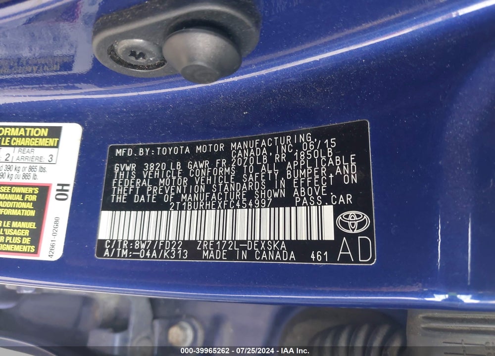 2015 TOYOTA COROLLA L/LE/LE PLUS/LE PREMIUM/S/S PLUS/S PREMIUM VIN: 2T1BURHEXFC454997