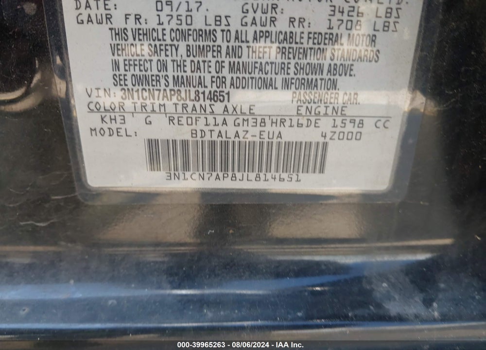 2018 NISSAN VERSA 1.6 S+ VIN: 3N1CN7AP8JL814651
