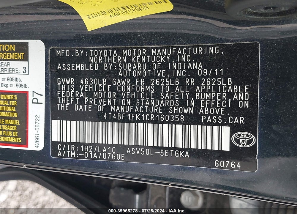 2012 TOYOTA CAMRY XLE VIN: 4T4BF1FK1CR160358