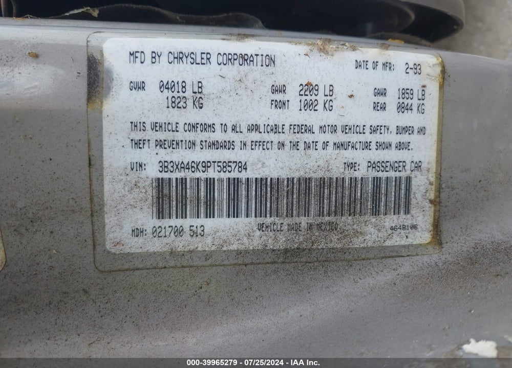 1993 DODGE SPIRIT VIN: 3B3XA46K9PT585784