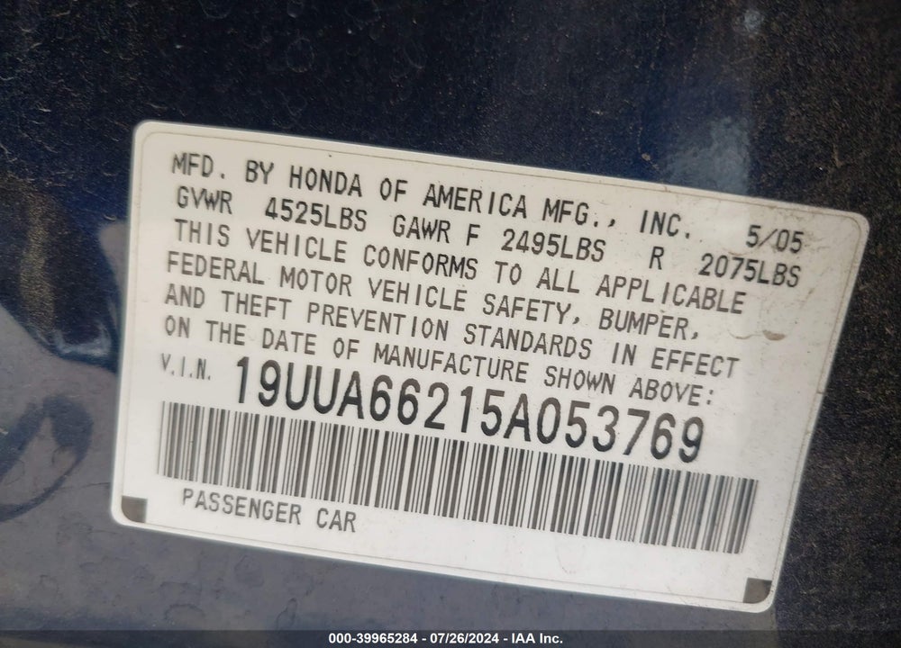 2005 ACURA TL VIN: 19UUA66215A053769