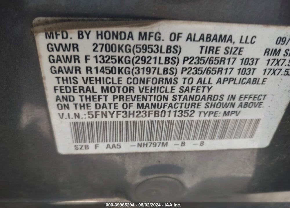 2015 HONDA PILOT LX VIN: 5FNYF3H23FB011352