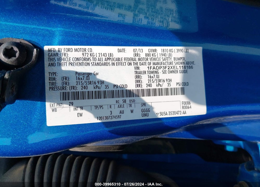 2014 FORD FOCUS SE VIN: 1FADP3F2XEL118186