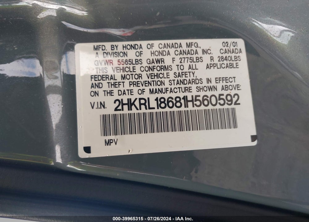 2001 HONDA ODYSSEY EX VIN: 2HKRL18681H560592