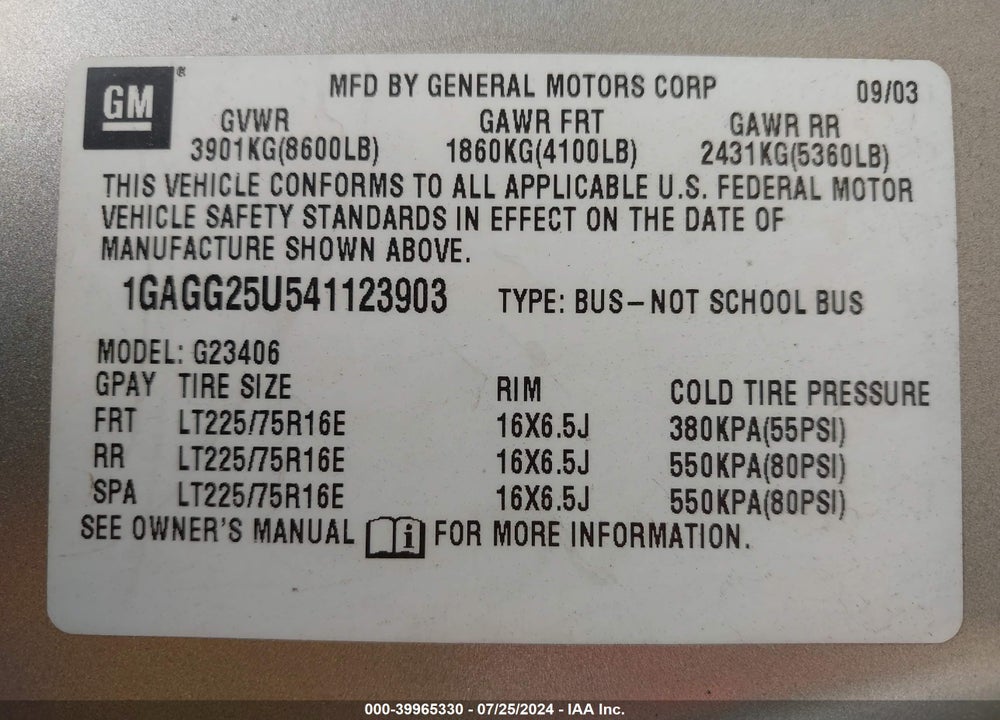 2004 CHEVROLET EXPRESS VIN: 1GAGG25U541123903
