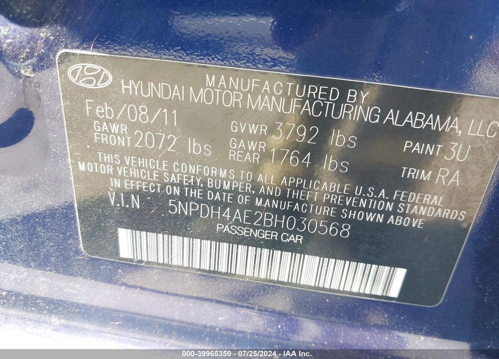 2011 HYUNDAI ELANTRA GLS VIN: 5NPDH4AE2BH030568