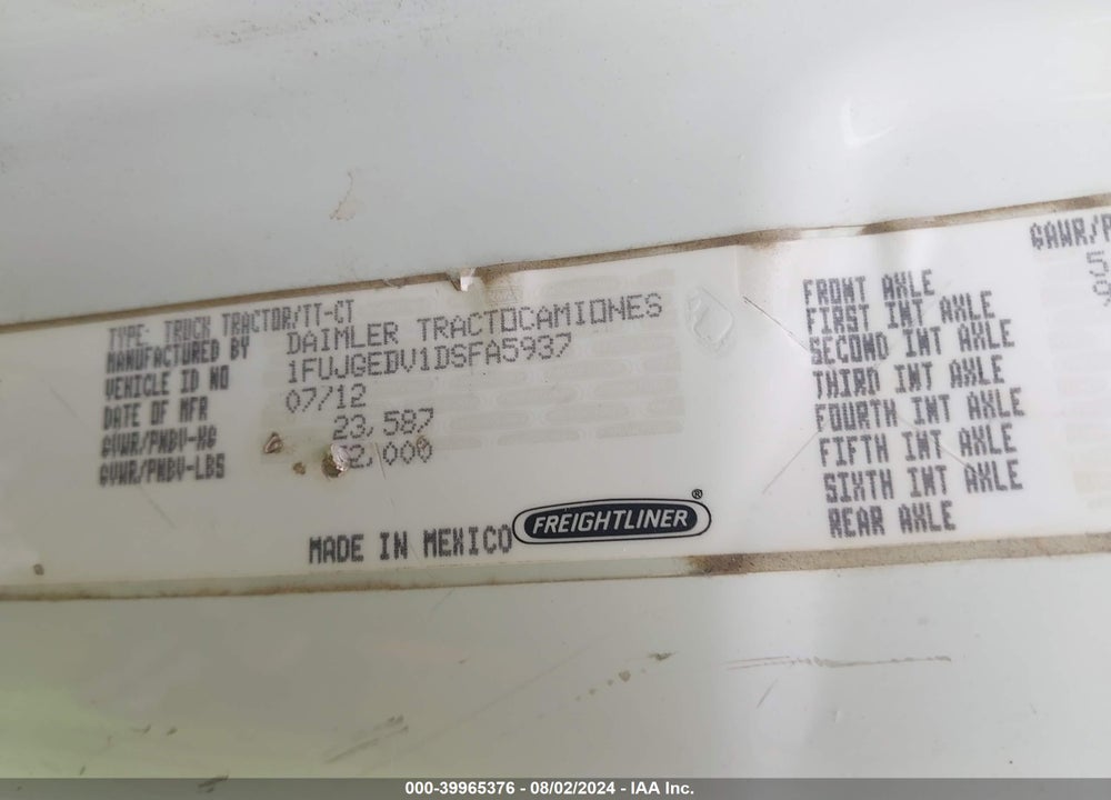 2013 FREIGHTLINER CASCADIA 125 VIN: 1FUJGEDV1DSFA5937