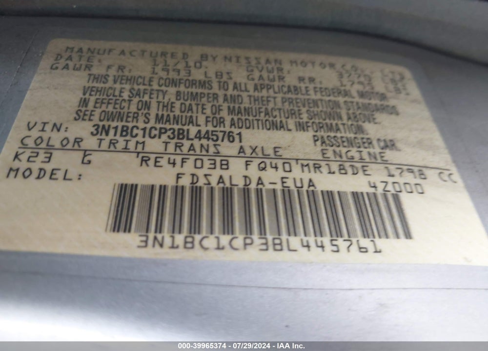 2011 NISSAN VERSA 1.8S VIN: 3N1BC1CP3BL445761