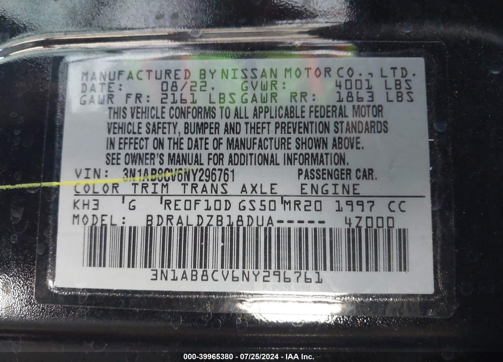2022 NISSAN SENTRA SV XTRONIC CVT VIN: 3N1AB8CV6NY296761