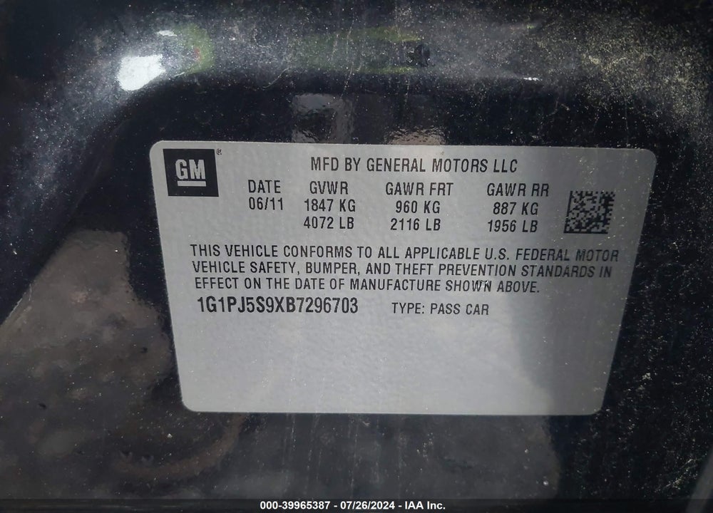 2011 CHEVROLET CRUZE ECO VIN: 1G1PJ5S9XB7296703