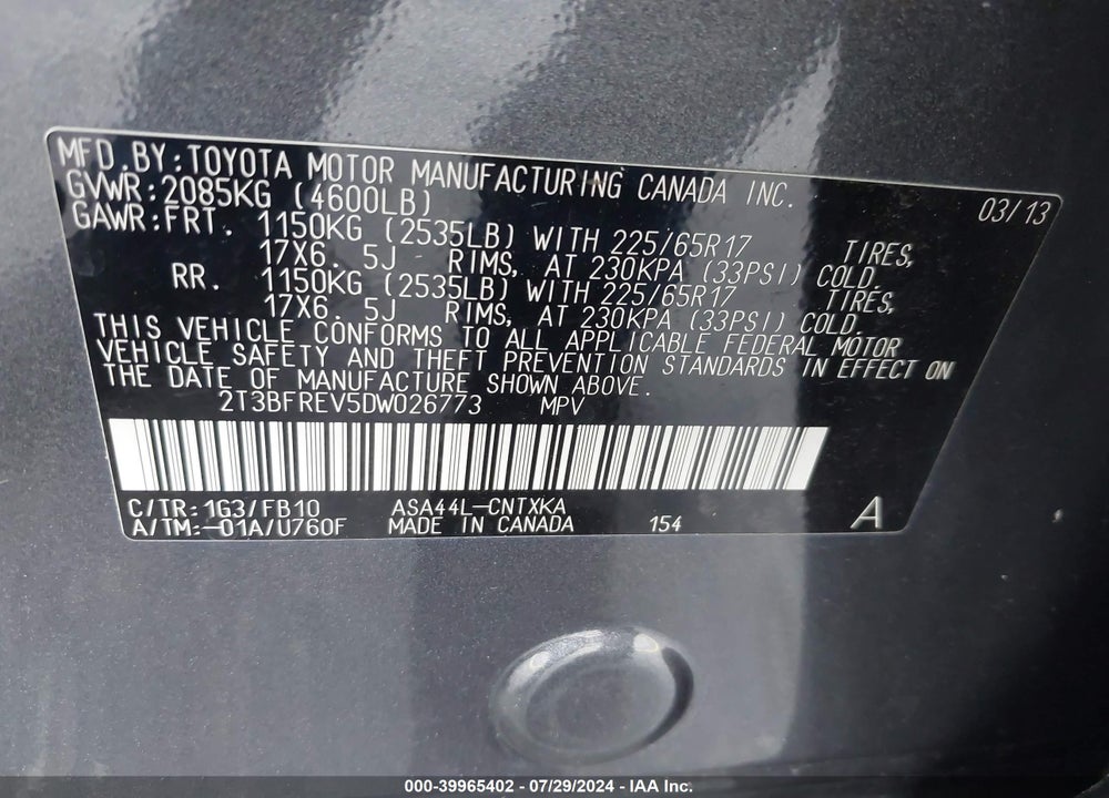 2013 TOYOTA RAV4 LE VIN: 2T3BFREV5DW026773