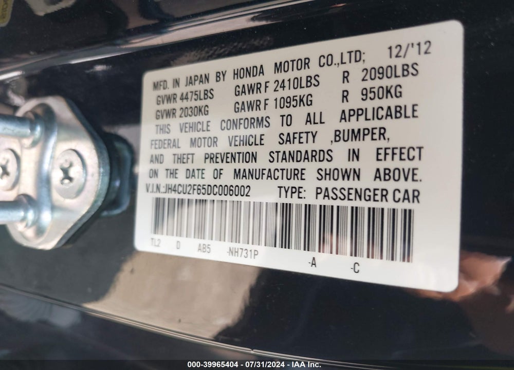 2013 ACURA TSX 2.4 VIN: JH4CU2F65DC006002