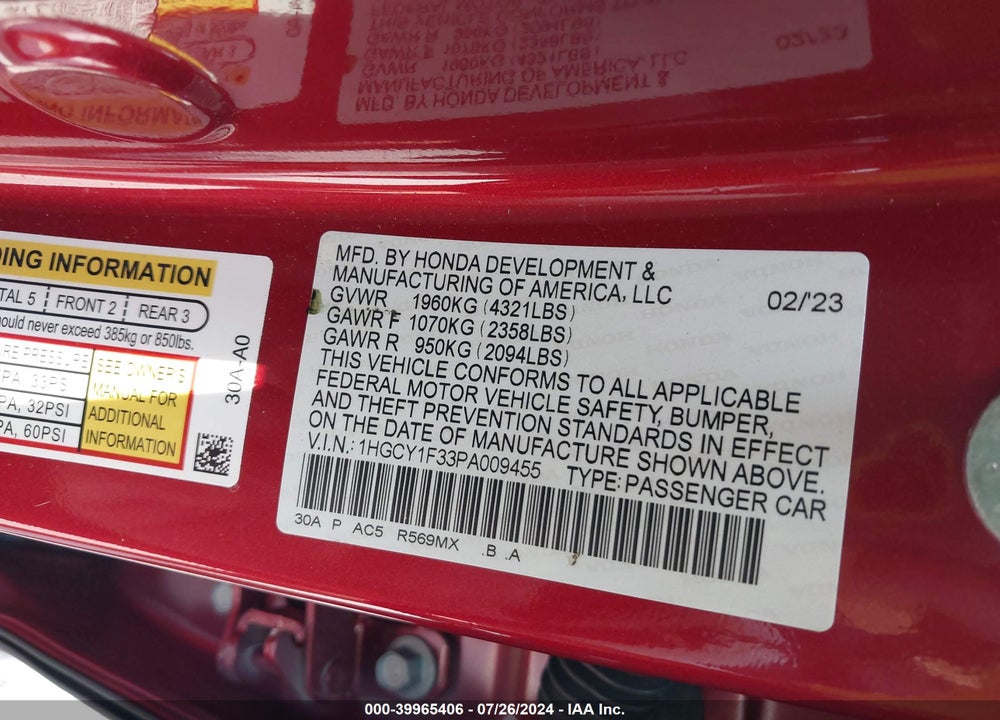 2023 HONDA ACCORD EX VIN: 1HGCY1F33PA009455