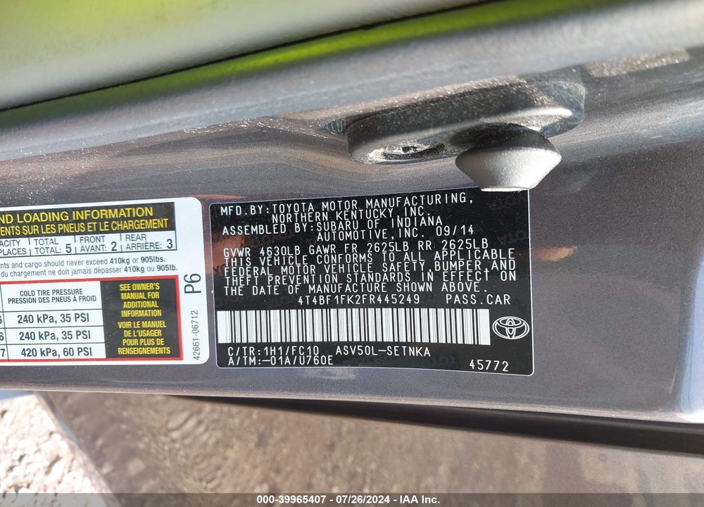2015 TOYOTA CAMRY LE/SE/XLE/XSE VIN: 4T4BF1FK2FR445249