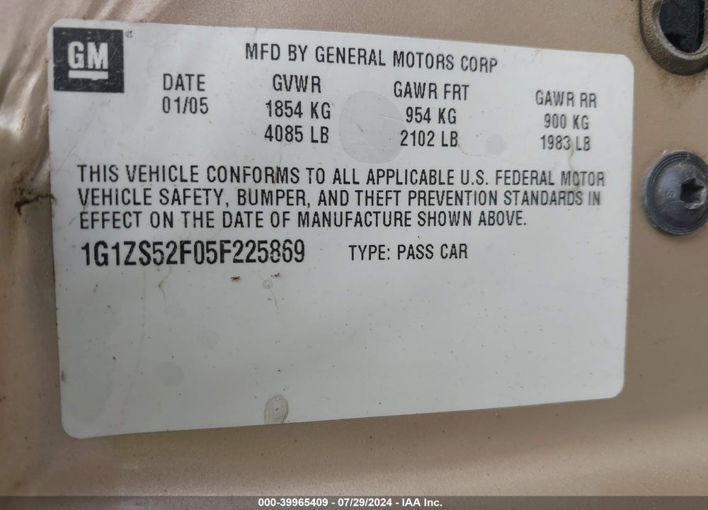 2005 CHEVROLET MALIBU VIN: 1G1ZS52F05F225869