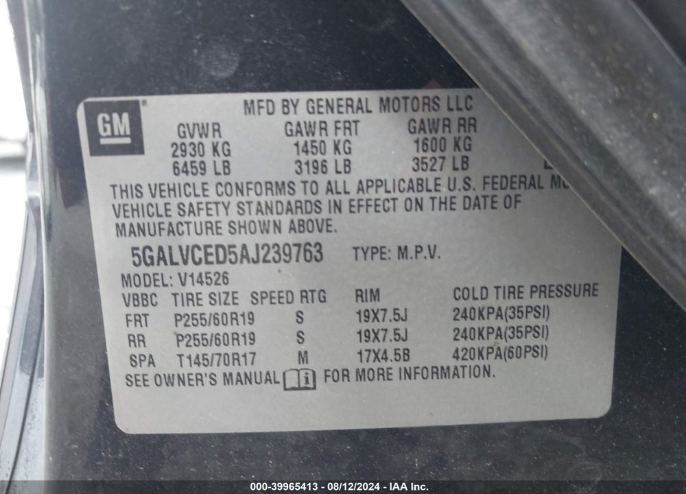 2010 BUICK ENCLAVE 2XL VIN: 5GALVCED5AJ239763