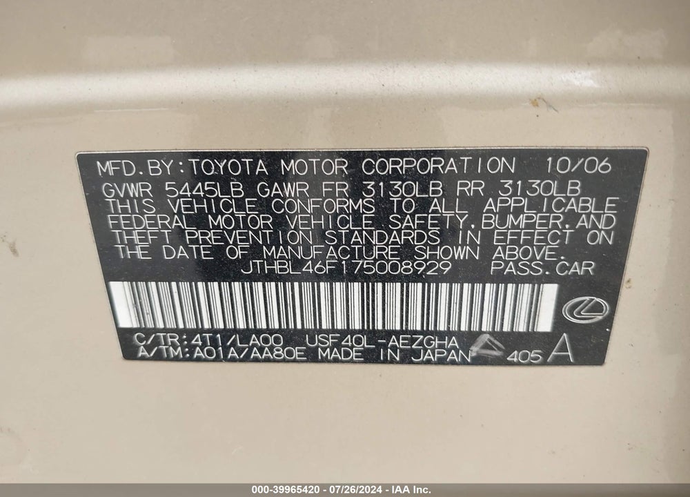 2007 LEXUS LS 460 VIN: JTHBL46F175008929