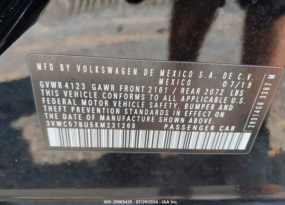 2019 VOLKSWAGEN JETTA 1.4T R-LINE/1.4T S/1.4T SE VIN: 3VWC57BU5KM231268