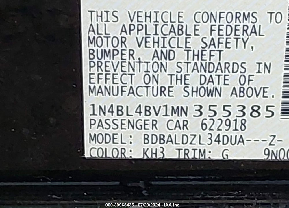 2021 NISSAN ALTIMA S FWD VIN: 1N4BL4BV1MN355385