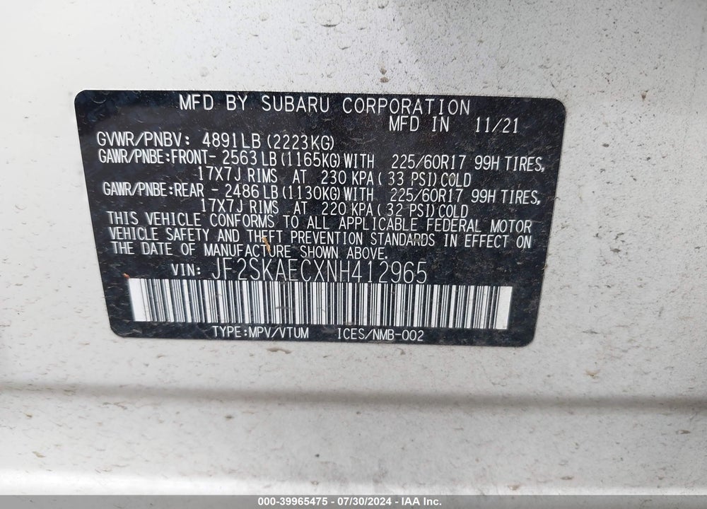 2022 SUBARU FORESTER PREMIUM VIN: JF2SKAECXNH412965