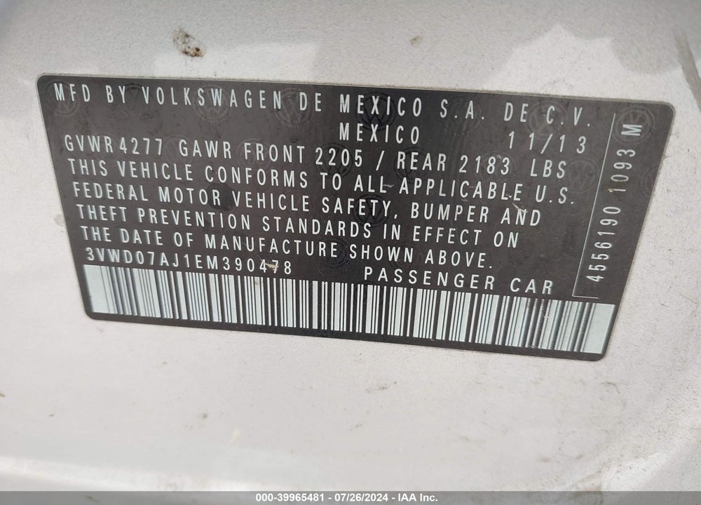 2014 VOLKSWAGEN JETTA 1.8T SE VIN: 3VWD07AJ1EM390478