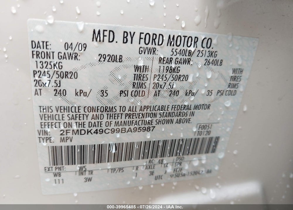2009 FORD EDGE LIMITED VIN: 2FMDK49C99BA95987