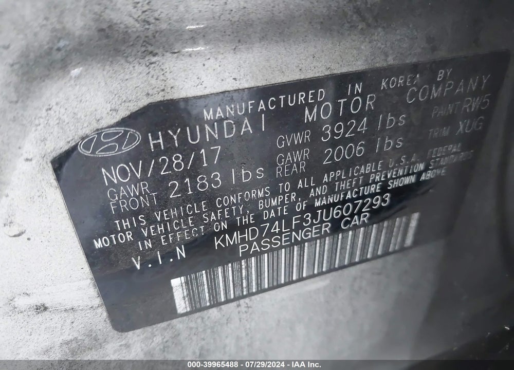 2018 HYUNDAI ELANTRA SE VIN: KMHD74LF3JU607293