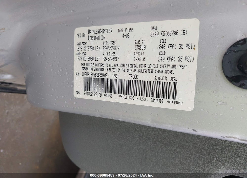 2006 DODGE RAM 1500 VIN: 1D7HA18NX6S659406