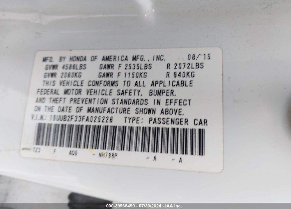 2015 ACURA TLX V6 VIN: 19UUB2F33FA025228