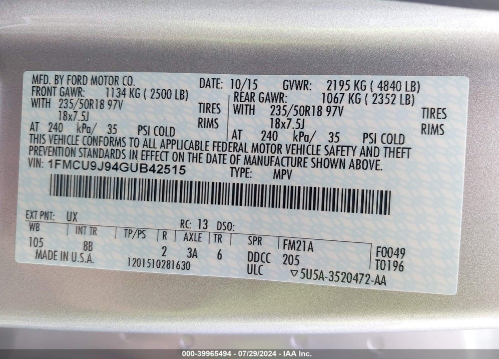 2016 FORD ESCAPE TITANIUM VIN: 1FMCU9J94GUB42515